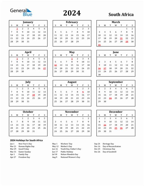 2024 South Africa Annual Calendar With Holidays Free Printable