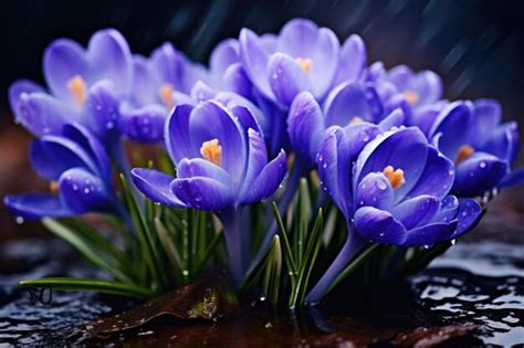 Premium Photo Spring Flowers Of Blue Crocuses In Water Drops