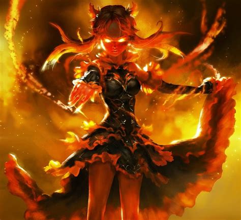 Fire Demon Red Pretty Dress Orange Yellow Bonito Horns Beauty