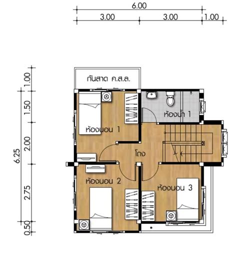 The magic number for small families. Small House Plan 6x6.25m with 3 bedrooms - House Plans 3D