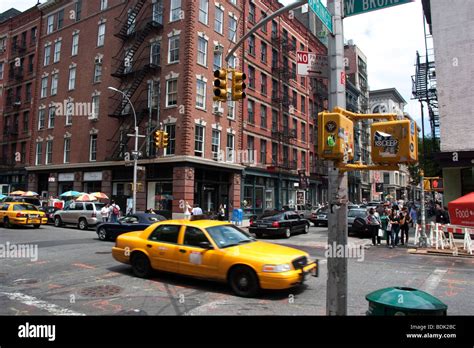 Broadway Street Scene New York Yellow Taxi Cab Passes Stock Photo