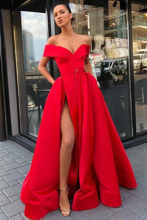 Buy Off The Shoulder Red Satin V Neck Long Prom Dresses High Slit Party Dresses With Pockets
