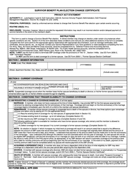 Fillable Dd Form 2656 6 Sbp Election Change Certificate April 2009