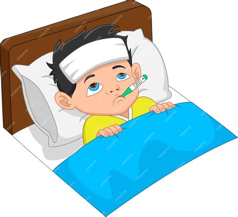 Niño Enfermo De Dibujos Animados Con Alta Temperatura Vector Premium