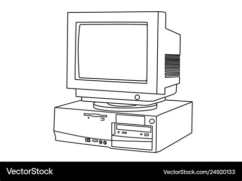 Hand Line Drawing An Old Computer And Monitor Vector Image