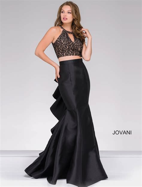 Black Long Fitted Two Piece Lace High Neck Top Mermaid Prom Dress