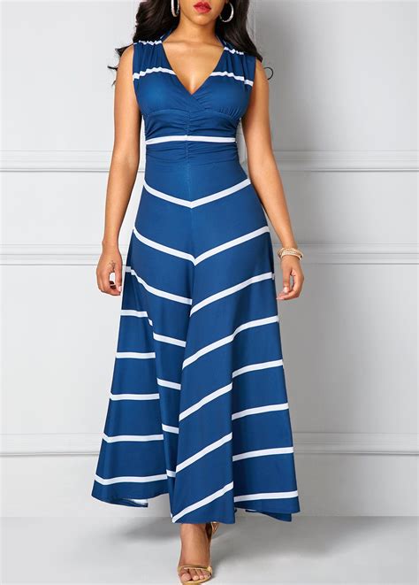 Navy V Neck Cutout Back Printed Maxi Dress | liligal.com - USD $36.79 ...