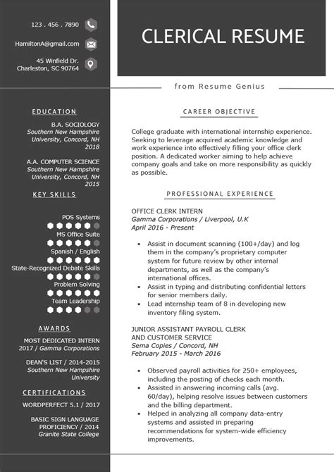 Resume samples with headline, objective statement, description and skills examples. Clerical Resume Sample | TemplateDose.com