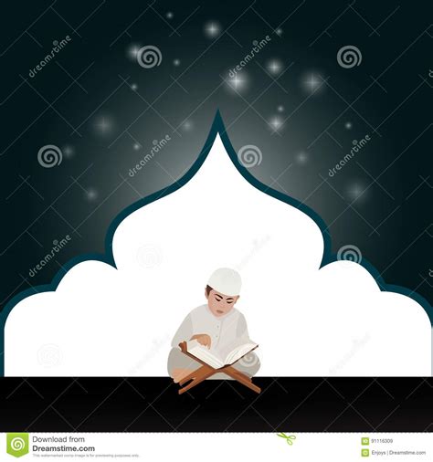 Kids Boy Read Holy Quran Qoran Islam In Mosque Stock Illustration