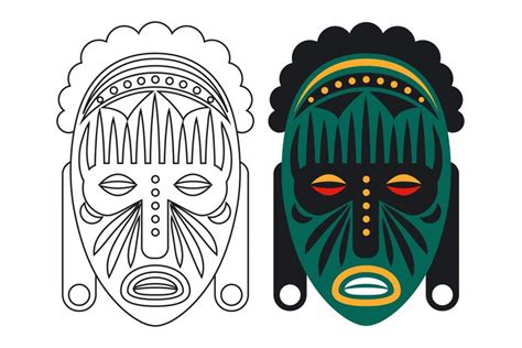 Outline And Color African Mask Isolated On White