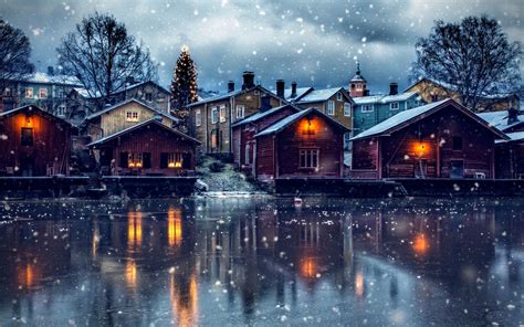 Lataa Kuva Porvoo 4k Talvi Lumisade Suomen Kaupungit Nightscapes