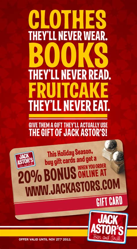 Additionally, gift cards are an easy way to meet the minimum spending requirements for credit card bonuses as well. Freebies Deals and Rewards for Canadians: Jack Astor's 20% ...