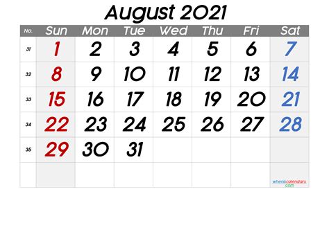 Free August 2021 Calendar With Week Numbers