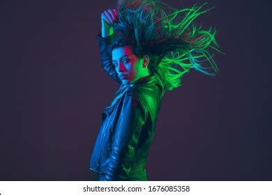 Fashion Model Woman Neon Light Beautiful Stock Photo
