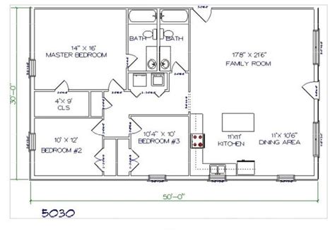 Floor Plan For A 3 Bedrooms Barndominium 50x30 1500 Sq Ft Area
