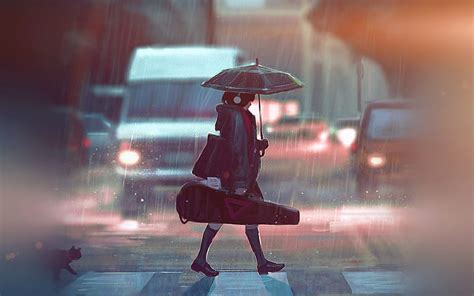 Anime Original Chica Lluvia Paraguas Violín Fondo De Pantalla Hd