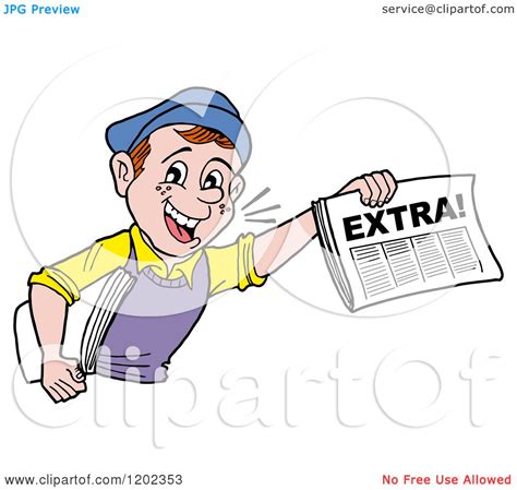 Cartoon Of A Happy Paper Boy Holding Up An Extra Newspaper Royalty
