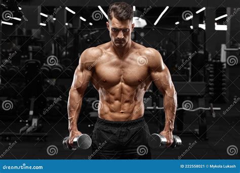 Muscular Man Working Out In Gym Strong Male Naked Torso Abs Stock