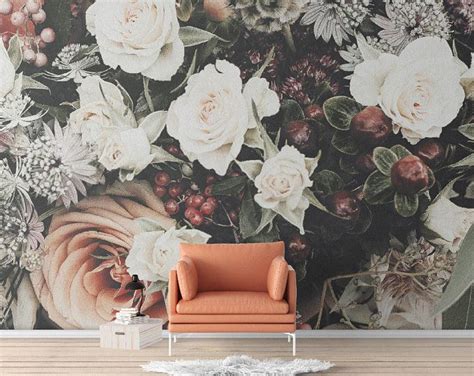 Floral Wallpaperdark Floral Wallpaperremovable Etsy Green Floral