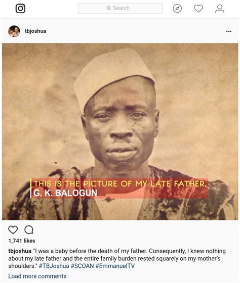 Joshua's cause of death was not stated. TB Joshua: This Is My Father, G.K Balogun. I Was A Baby ...