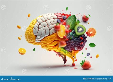 Various Fruits Forming A Creative Brain Eating Healthy Food As