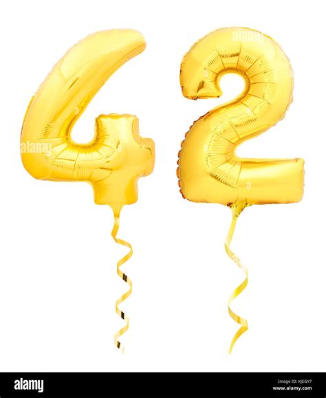 Golden Number Forty Two 42 Made Of Inflatable Balloon With Ribbon On
