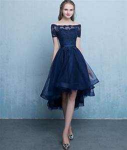 Dark Blue Lace Tulle Short Prom Dress High Low Evening Dress Little
