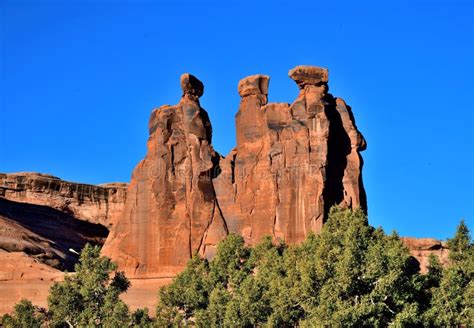 Three Gossipps Rock Formation Arches National Park Moab Utah Stock