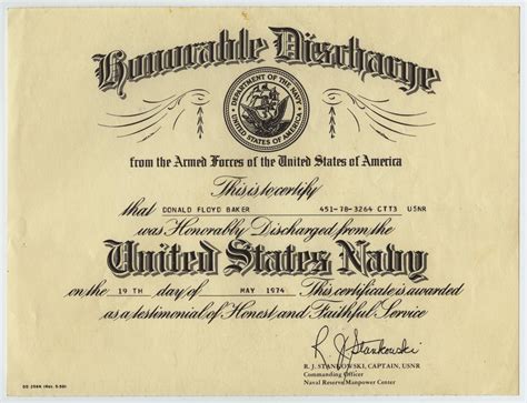 Don Bakers Honorable Discharge Certificate From The United States