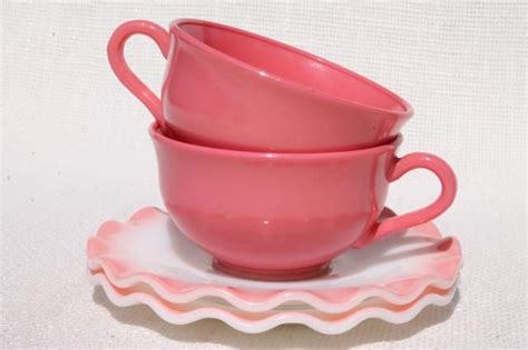 Vintage Hazel Atlas Crinoline Pink Ruffle Ripple Milk Glass Cups