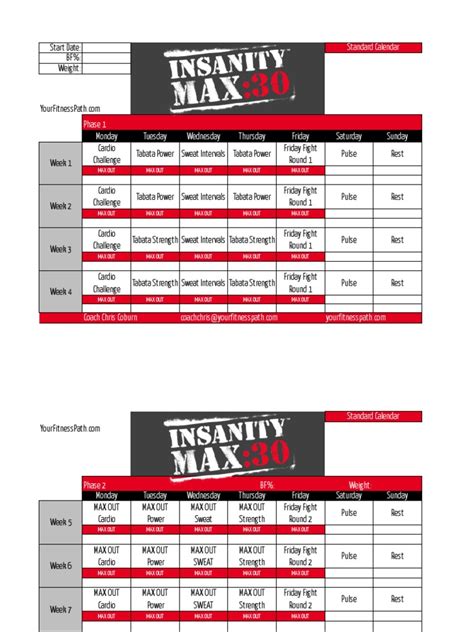 Insanity Max 30 Standard Calendar Sports