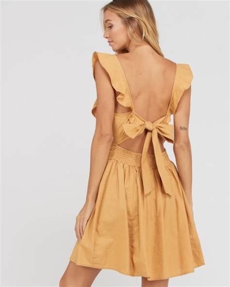 Open Bow Back Cotton Fit And Flare Mini Dress Mustard Backless Dress