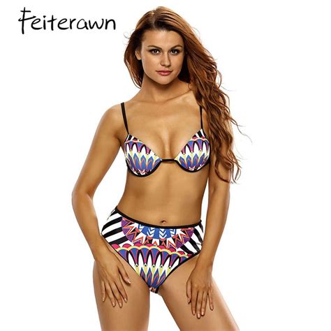 Feiterawn 2018 Sexy Multicolor Tribal Print High Waist Swimwear Push Up