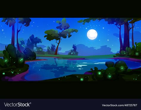 Moon In Night Sky Above Forest Lake Background Vector Image