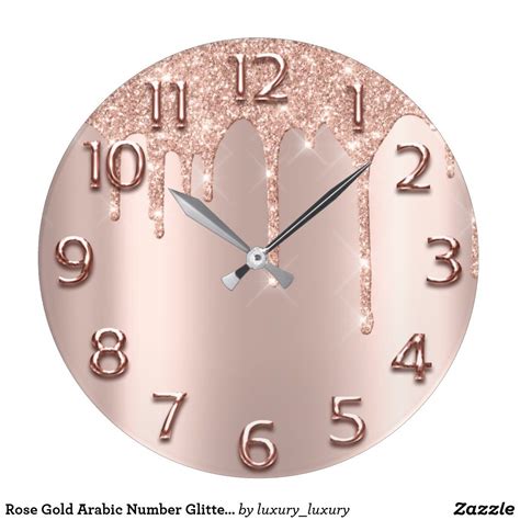 Rose Gold Arabic Number Glitter Drip Blush Glitter Large Clock Zazzle