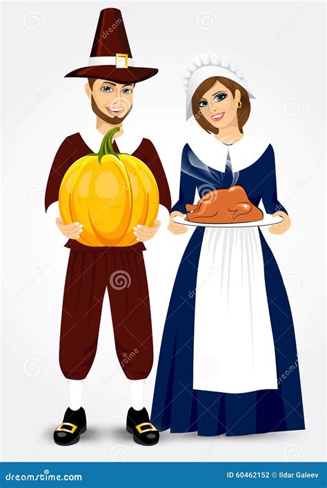 pilgrim couple holding a roast turkey and pumpkin stock vector illustration of cartoon