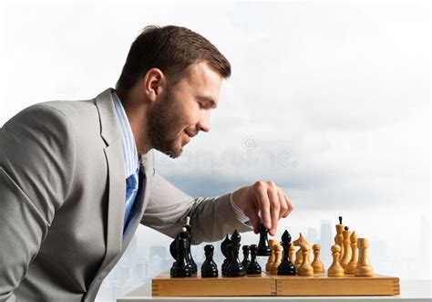 Concentrated Businessman Playing Chess Game Stock Image Image Of