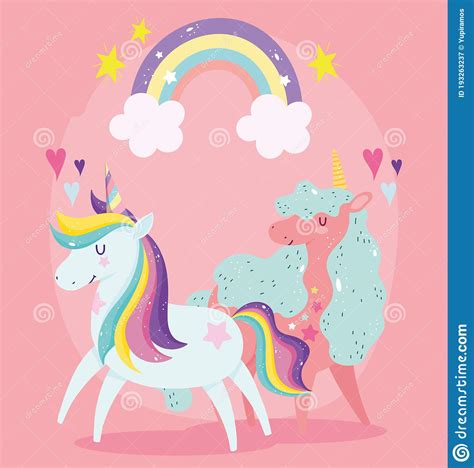 Unicorns Cartoon Animals Rainbow Stars Clouds Adorable Fantasy Stock