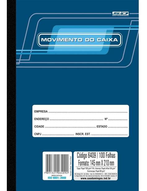 Livro Movimento Caixa Pequeno 100 Fls C10 Unid Sao Domingos Mercado