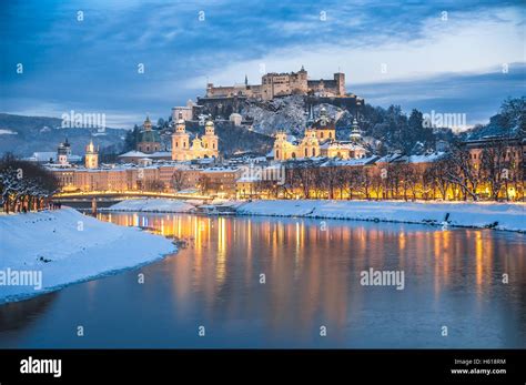 Classic View Of The Historic City Of Salzburg With Salzach River In