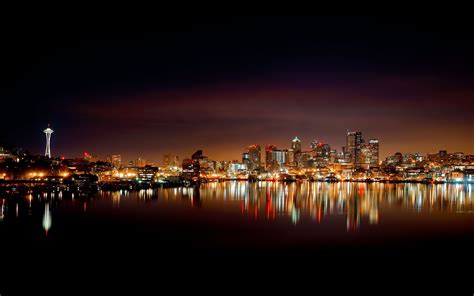 Lake Reflection Night Cityscape Seattle Wallpapers Hd