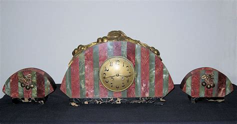 Beautiful French Art Deco Marble Clock Garniture Set Dynasty