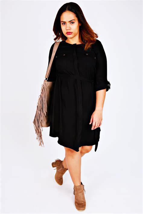 Black Utility Style D Ring Shirt Dress With Pocket Detail Plus Size 14