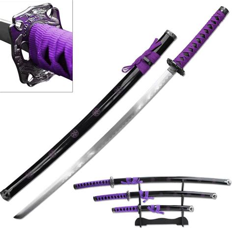 3 Piece Purple Samurai Katana Sword Set Carbon Steel Blade S