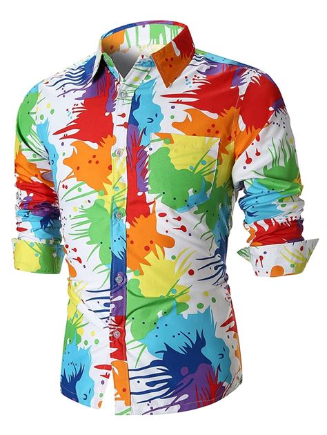 Allover Casual Mens Colorful Splatter Paint Pattern Print Shirt Brand