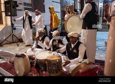 jeddah saudi arabia january 16 2020 arab and saudi men celebrate a tradicional dance with