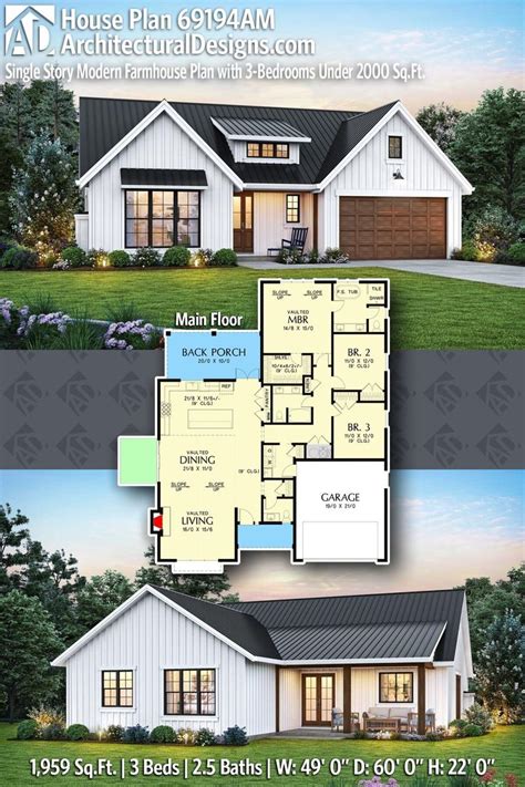 Plan 69194am Single Story Modern Farmhouse Plan With 3 Bedrooms Under