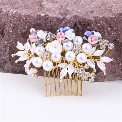 colorful handmade pearl bridal hair comb crystal gold wired headpiece for brides 2368405 weddbook