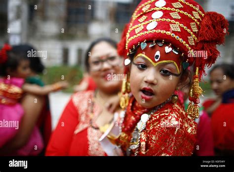 August 23 2017 Kathmandu Nepal A Young Girl Dressed As The Living Goddess Kumari Reacts