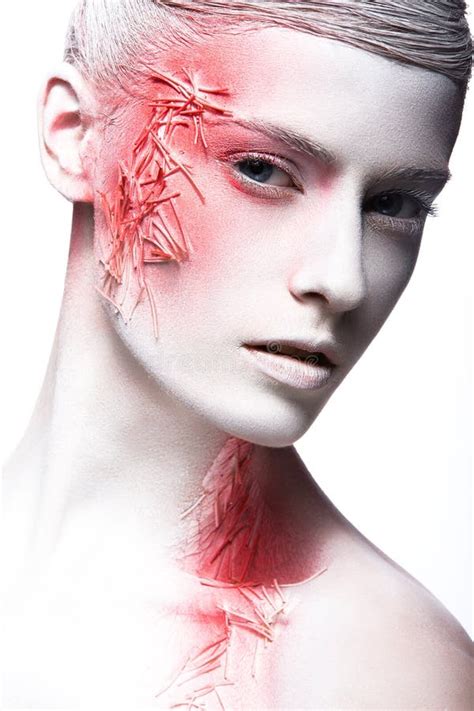 Art Fashion Girl With White Skin And Red Paint On Stock Image Image